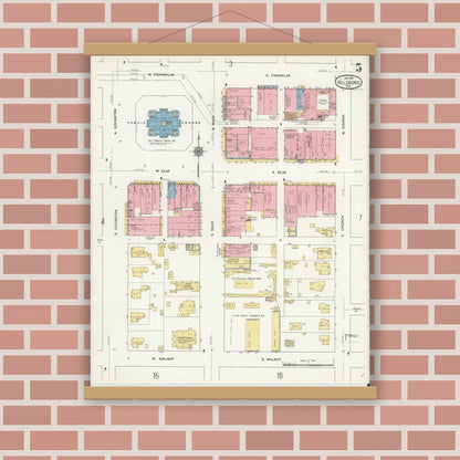 Old map wall art mockup — magnetic wood frame on brick wall — Sanborn Fire Insurance Map from Hillsboro, Hill County, Texas (1911), Sheet #0005