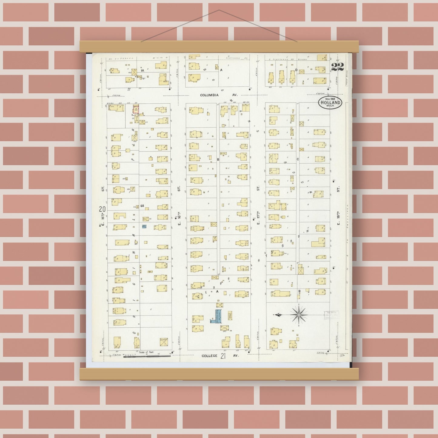 Old map wall art mockup — magnetic wood frame on brick wall — Sanborn Fire Insurance Map from Holland, Ottawa County, Michigan (1908), Sheet #0022