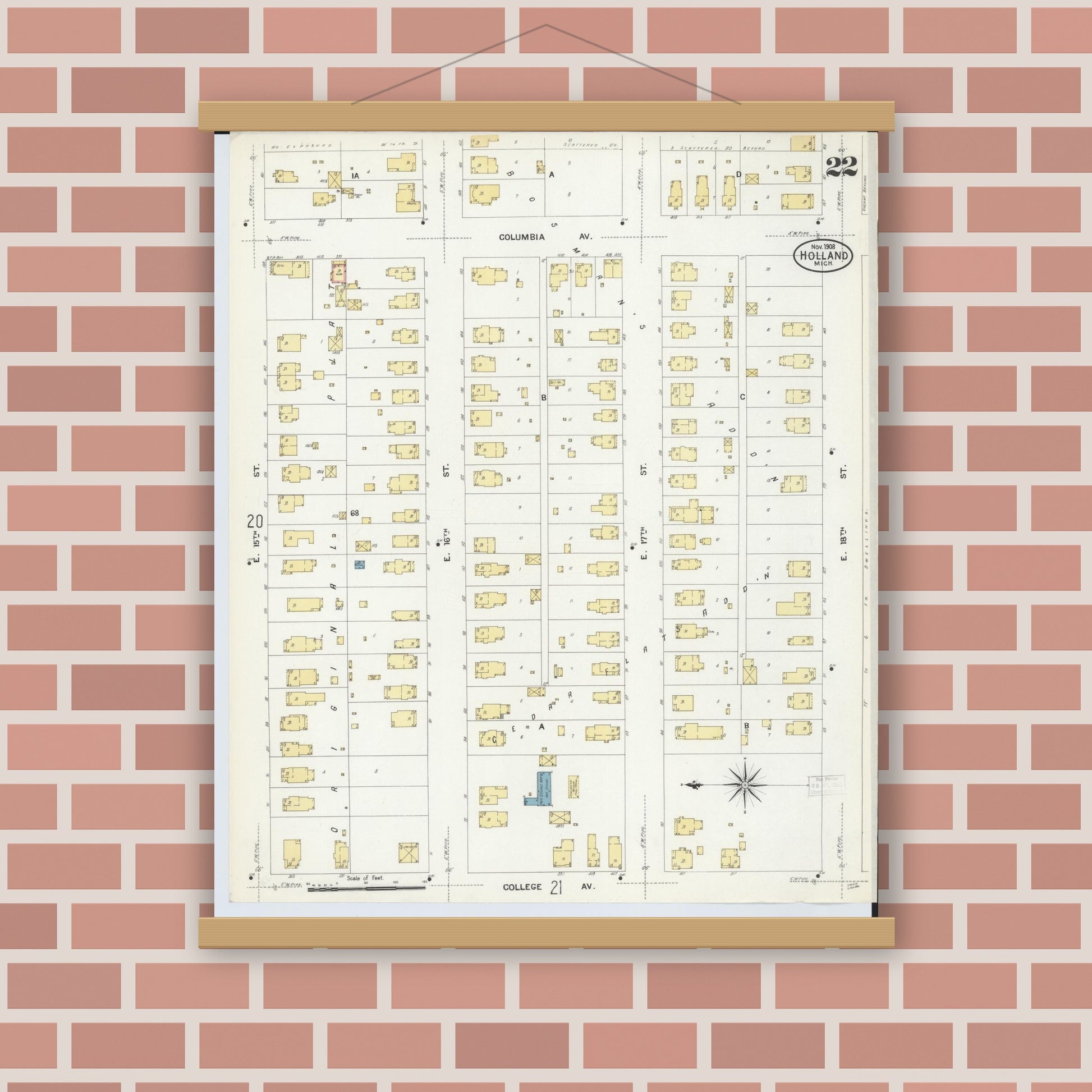 Old map wall art mockup — magnetic wood frame on brick wall — Sanborn Fire Insurance Map from Holland, Ottawa County, Michigan (1908), Sheet #0022