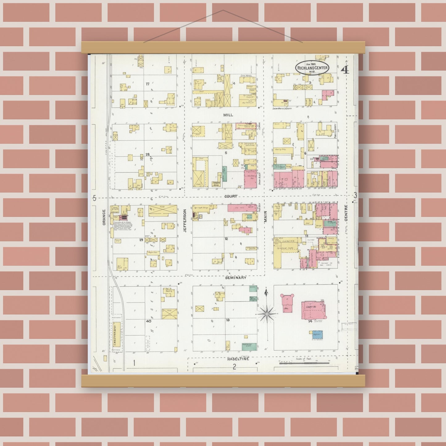 Old map wall art mockup — magnetic wood frame on brick wall — Sanborn Fire Insurance Map from Richland Center, Richland County, Wisconsin (1905), Sheet #0004