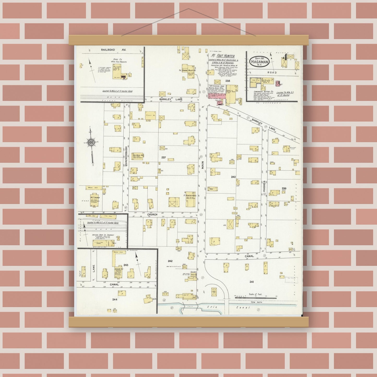 Old map wall art mockup — magnetic wood frame on brick wall — Sanborn Fire Insurance Map from Hagaman, Montgomery County, New York (1911), Sheet #0004