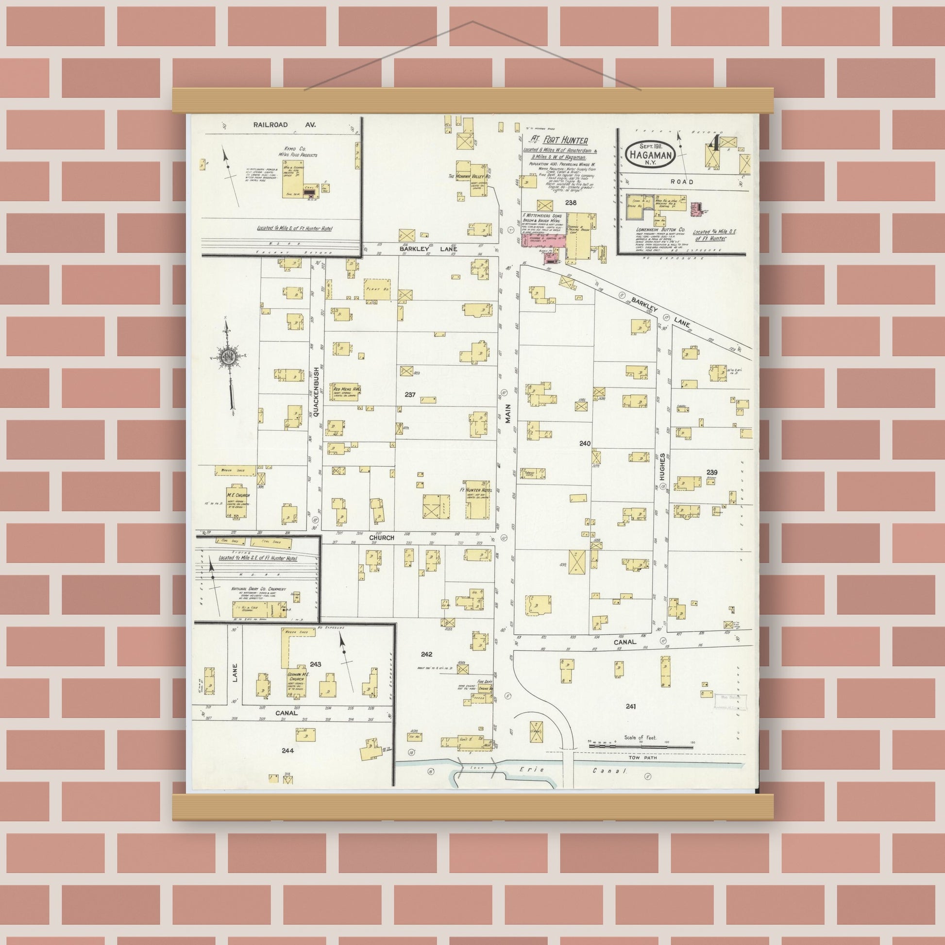 Old map wall art mockup — magnetic wood frame on brick wall — Sanborn Fire Insurance Map from Hagaman, Montgomery County, New York (1911), Sheet #0004