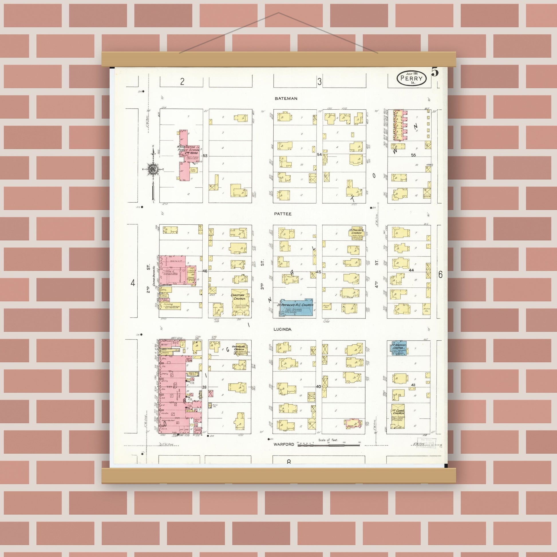 Old map wall art mockup — magnetic wood frame on brick wall — Sanborn Fire Insurance Map from Perry, Dallas County, Iowa (1911), Sheet #0005