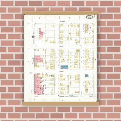 Old map wall art mockup — magnetic wood frame on brick wall — Sanborn Fire Insurance Map from Perry, Dallas County, Iowa (1911), Sheet #0005