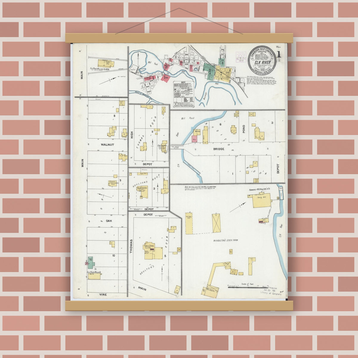 Old map wall art mockup — magnetic wood frame on brick wall — Sanborn Fire Insurance Map from Elk River, Sherburne County, Minnesota (1905) - Complete Map Set