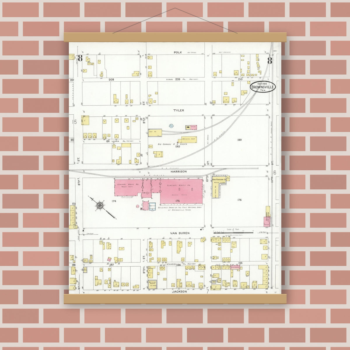 Old map wall art mockup — magnetic wood frame on brick wall — Sanborn Fire Insurance Map from Brownsville, Cameron County, Texas (1926), Sheet #0008
