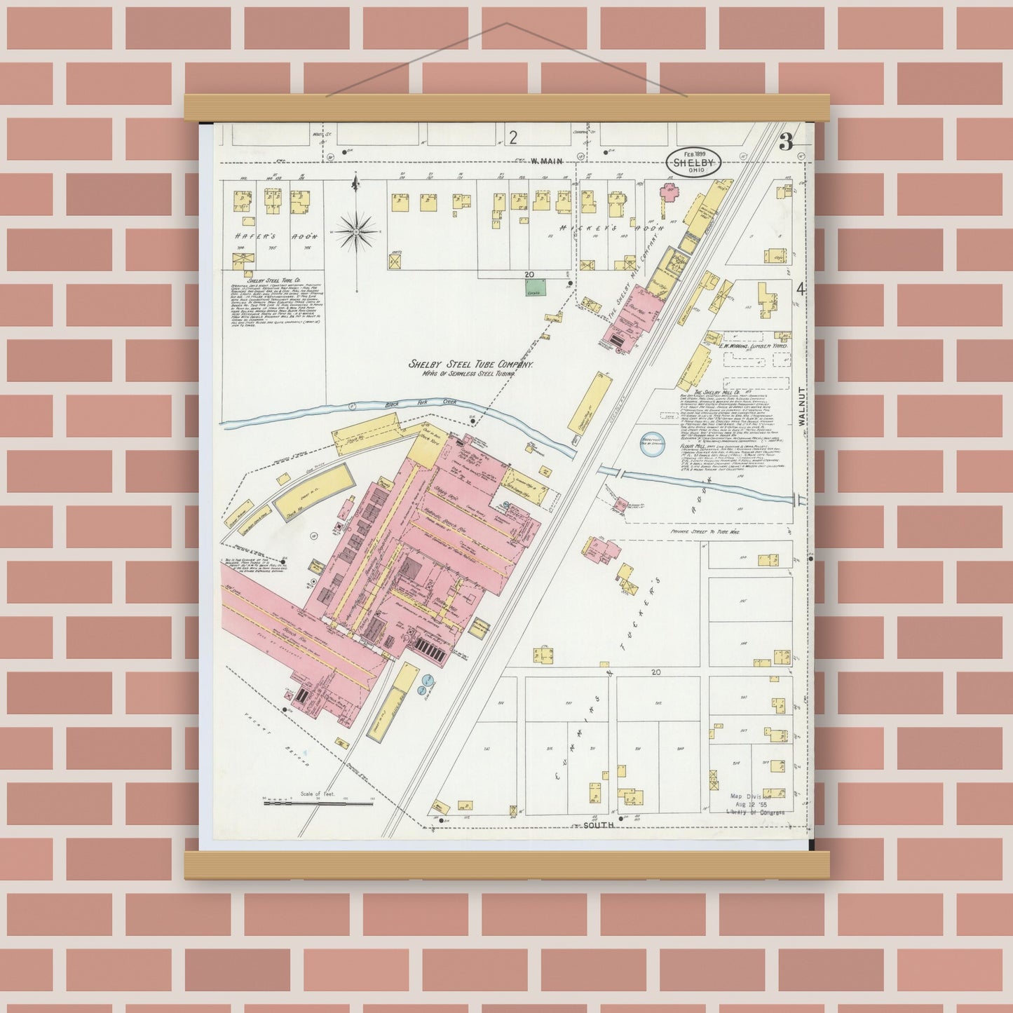 Old map wall art mockup — magnetic wood frame on brick wall — Sanborn Fire Insurance Map from Shelby, Richland County, Ohio (1899), Sheet #0003
