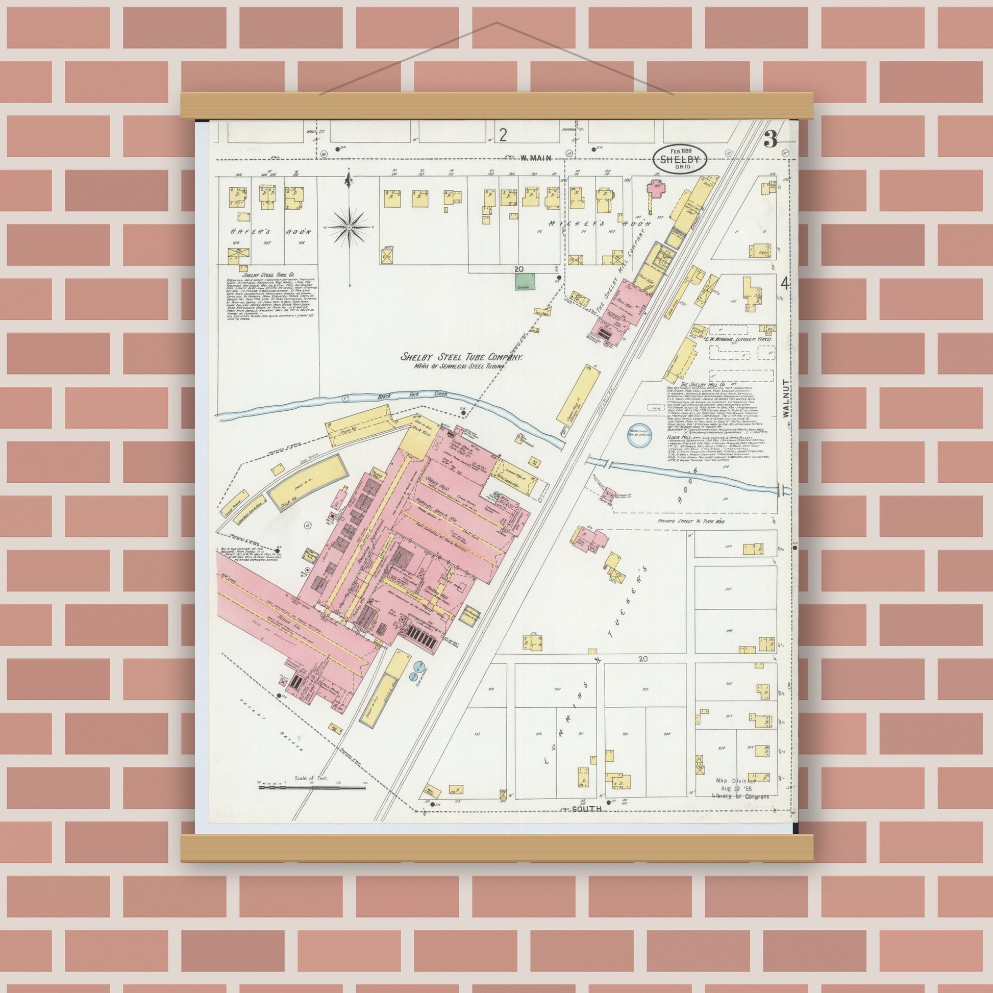 Old map wall art mockup — magnetic wood frame on brick wall — Sanborn Fire Insurance Map from Shelby, Richland County, Ohio (1899), Sheet #0003
