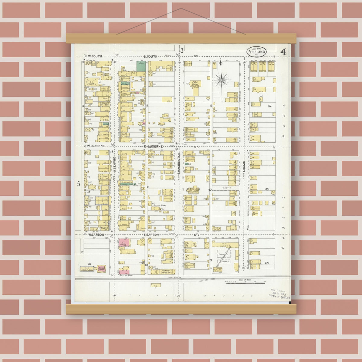 Old map wall art mockup — magnetic wood frame on brick wall — Sanborn Fire Insurance Map from Freeland, Luzerne County, Pennsylvania (1900), Sheet #0004