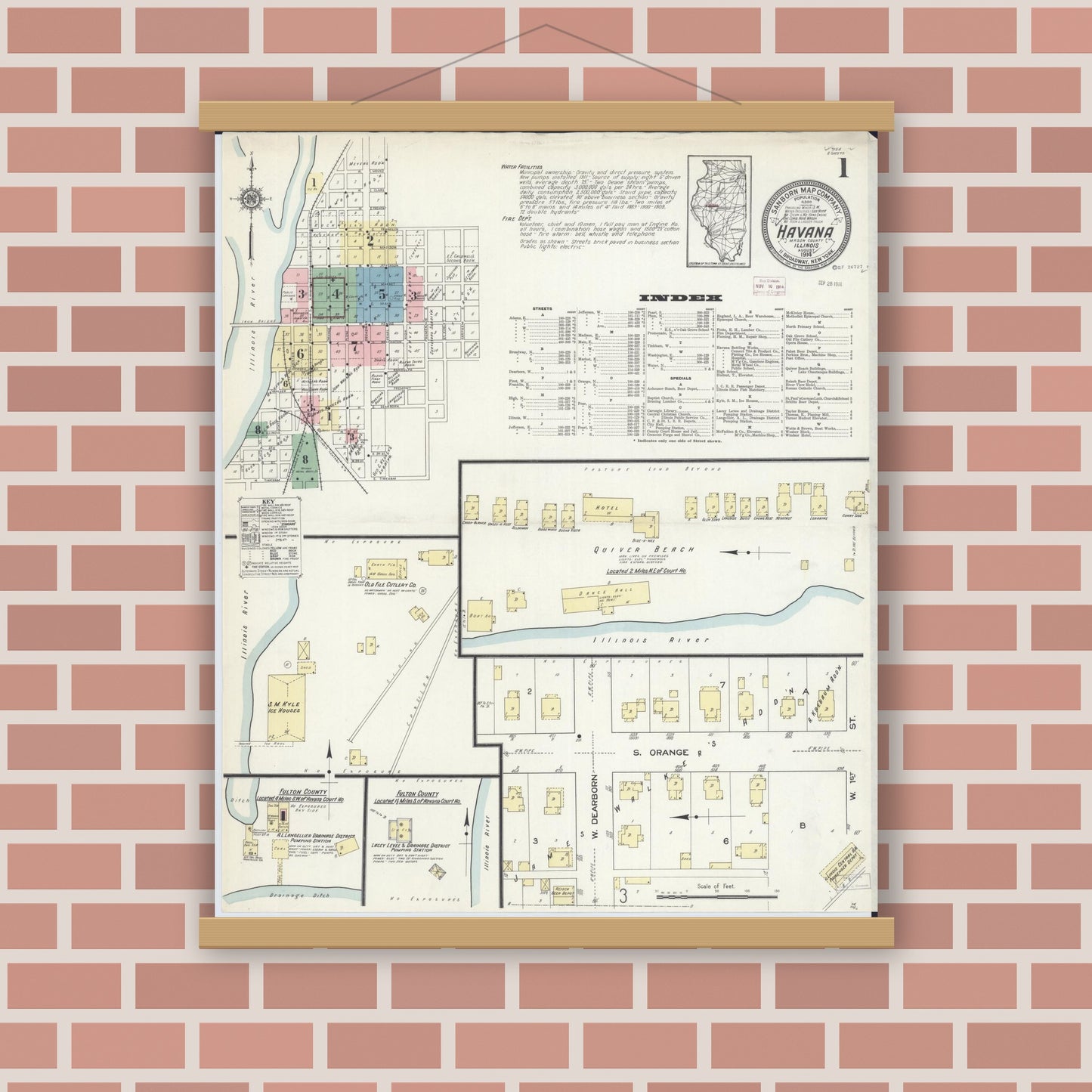Old map wall art mockup — magnetic wood frame on brick wall — Sanborn Fire Insurance Map from Havana, Mason County, Illinois (1914), Sheet #0001
