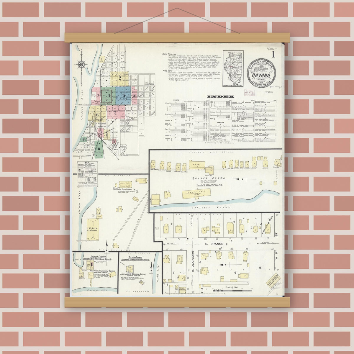 Old map wall art mockup — magnetic wood frame on brick wall — Sanborn Fire Insurance Map from Havana, Mason County, Illinois (1914), Sheet #0001