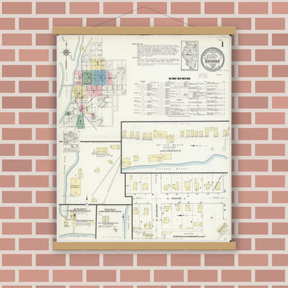 Old map wall art mockup — magnetic wood frame on brick wall — Sanborn Fire Insurance Map from Havana, Mason County, Illinois (1914), Sheet #0001