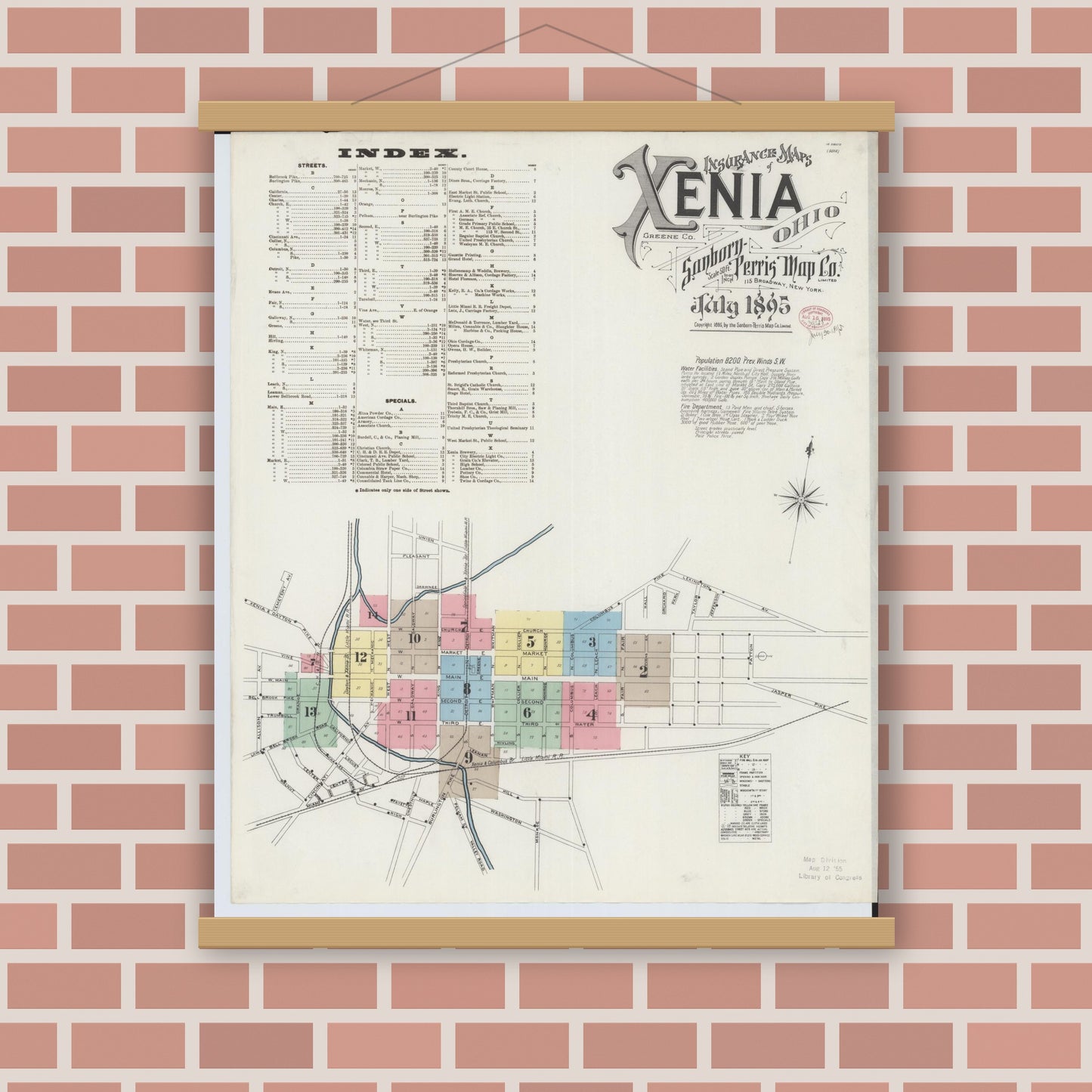 Old map wall art mockup — magnetic wood frame on brick wall — Sanborn Fire Insurance Map from Xenia, Greene County, Ohio (1895) - Complete Map Set