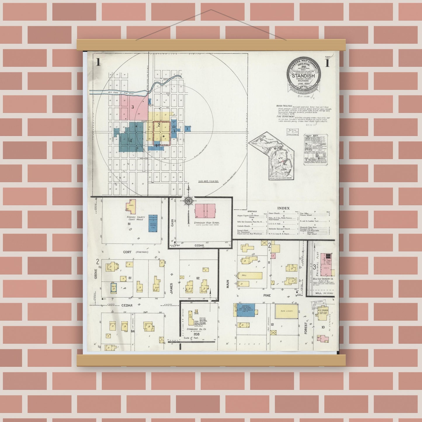 Old map wall art mockup — magnetic wood frame on brick wall — Sanborn Fire Insurance Map from Standish, Arenac County, Michigan (1924) - Complete Map Set