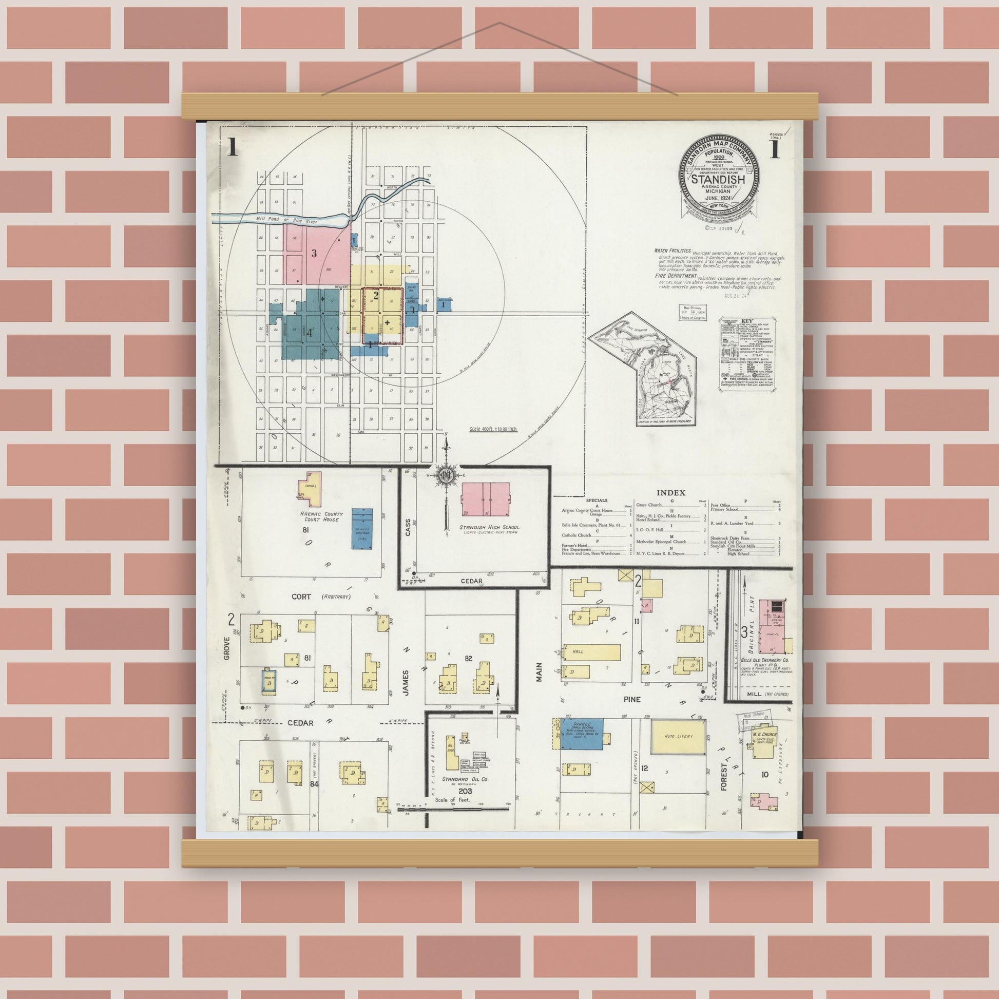Old map wall art mockup — magnetic wood frame on brick wall — Sanborn Fire Insurance Map from Standish, Arenac County, Michigan (1924) - Complete Map Set