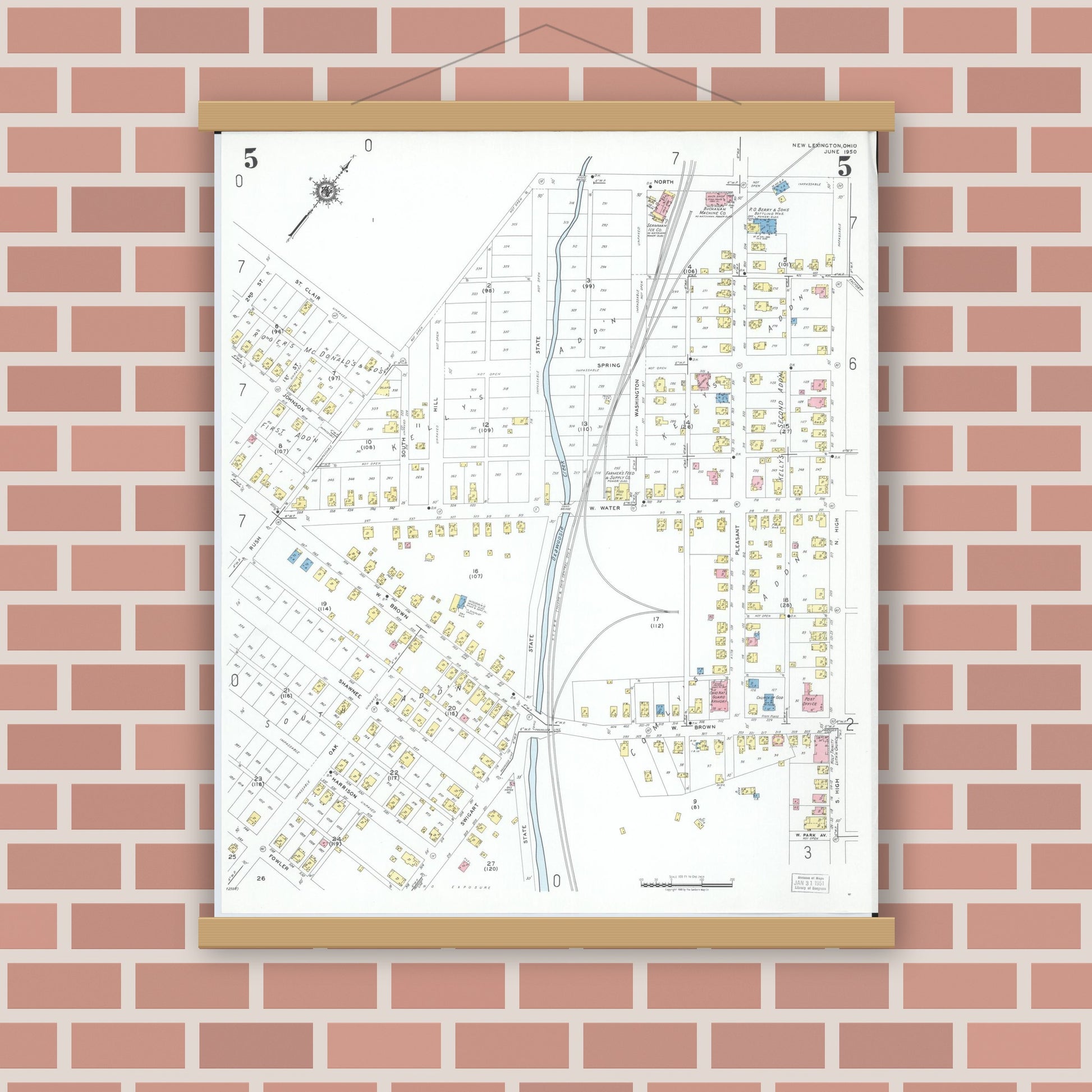 Old map wall art mockup — magnetic wood frame on brick wall — Sanborn Fire Insurance Map from New Lexington, Perry County, Ohio (1950), Sheet #0005