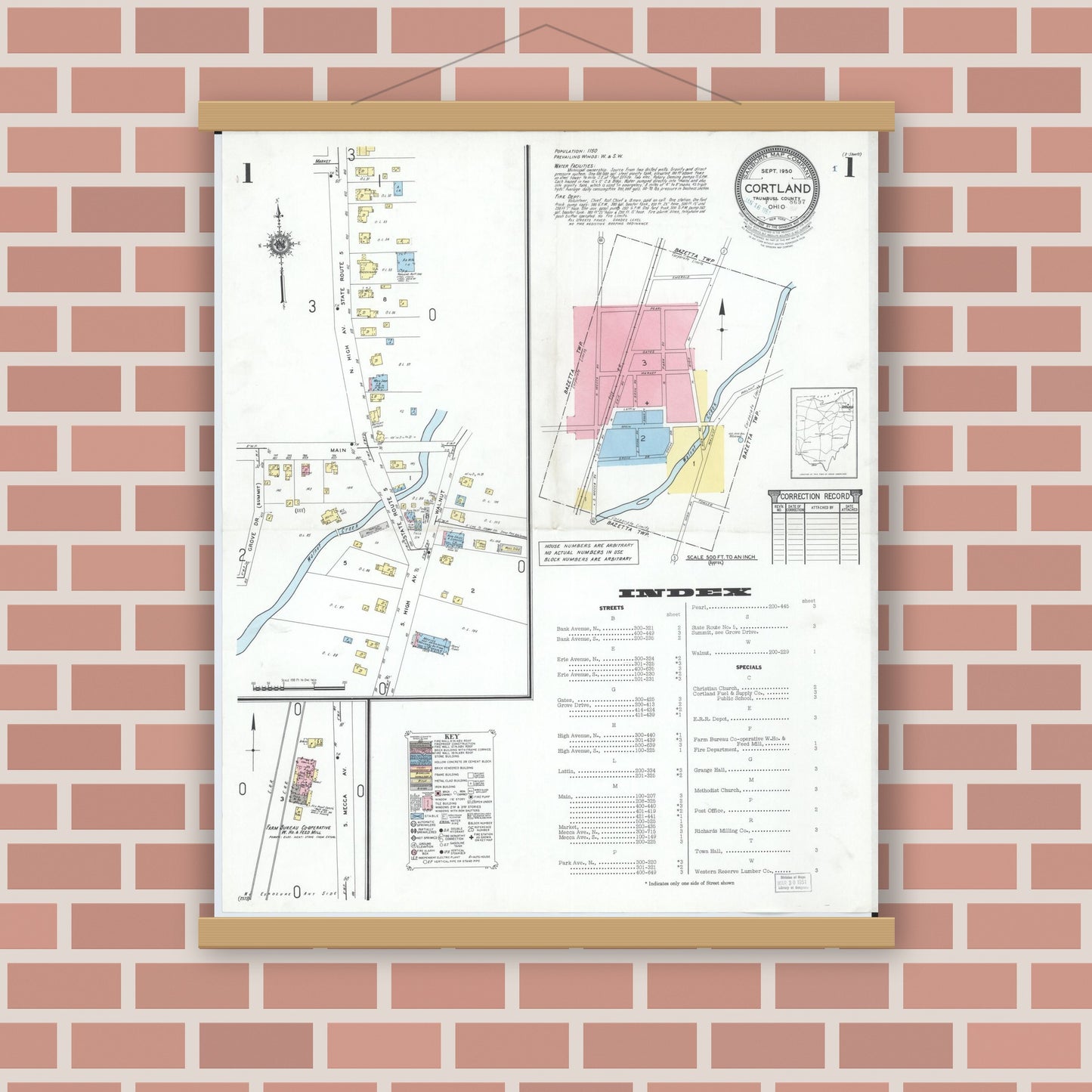 Old map wall art mockup — magnetic wood frame on brick wall — Sanborn Fire Insurance Map from Cortland, Trumbull County, Ohio (1950), Sheet #0001