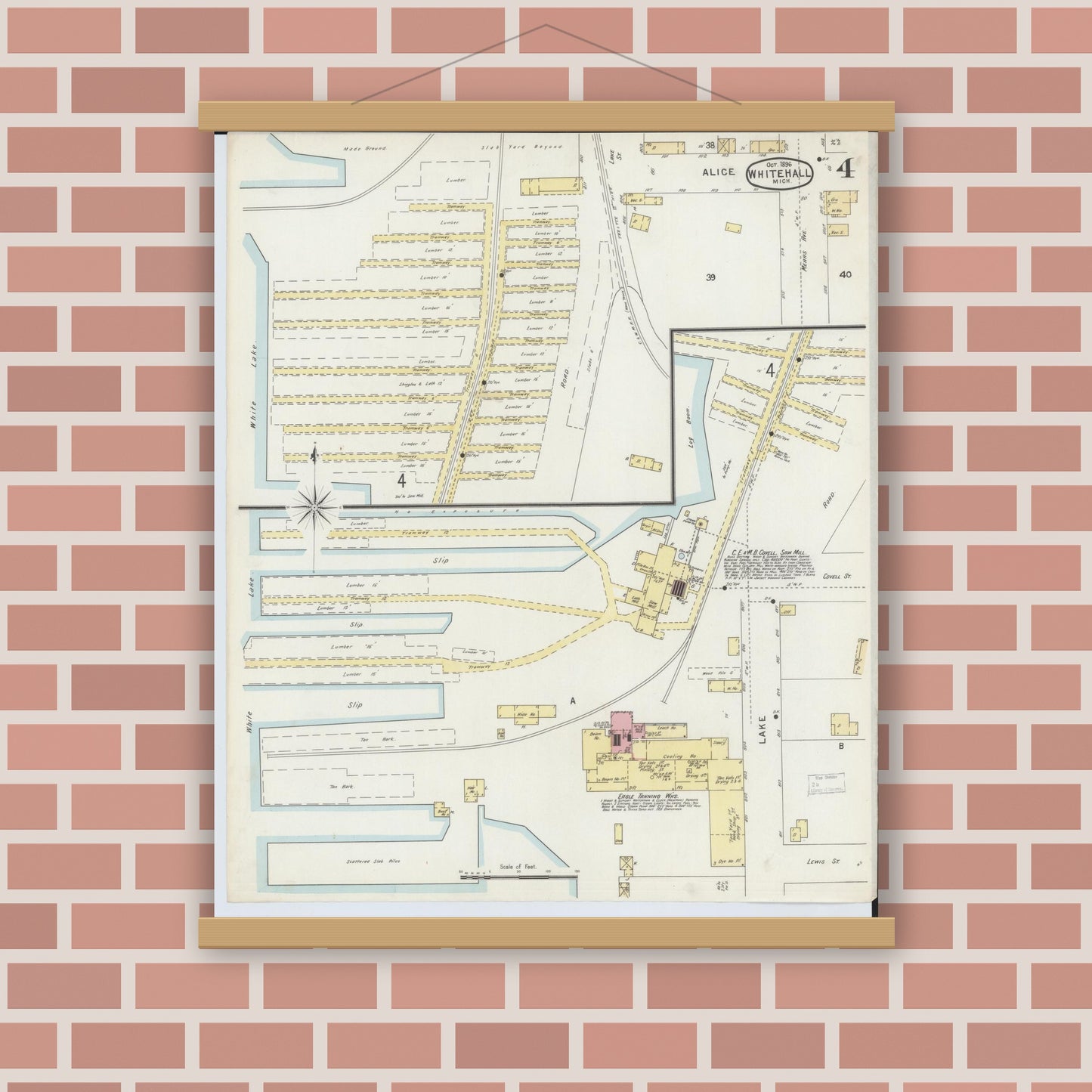 Old map wall art mockup — magnetic wood frame on brick wall — Sanborn Fire Insurance Map from Whitehall, Muskegon County, Michigan (1896), Sheet #0004