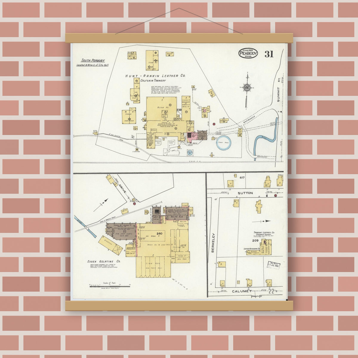 Old map wall art mockup — magnetic wood frame on brick wall — Sanborn Fire Insurance Map from Peabody, Essex County, Massachusetts (1920), Sheet #0031