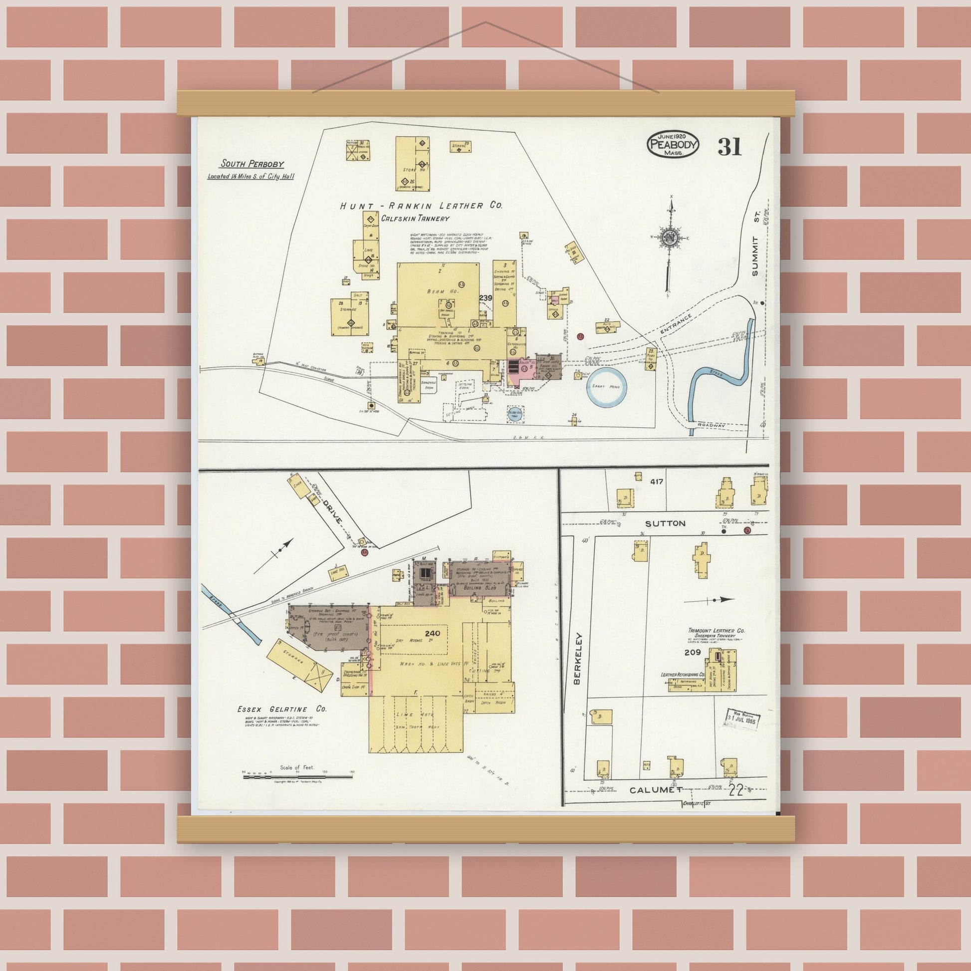 Old map wall art mockup — magnetic wood frame on brick wall — Sanborn Fire Insurance Map from Peabody, Essex County, Massachusetts (1920), Sheet #0031