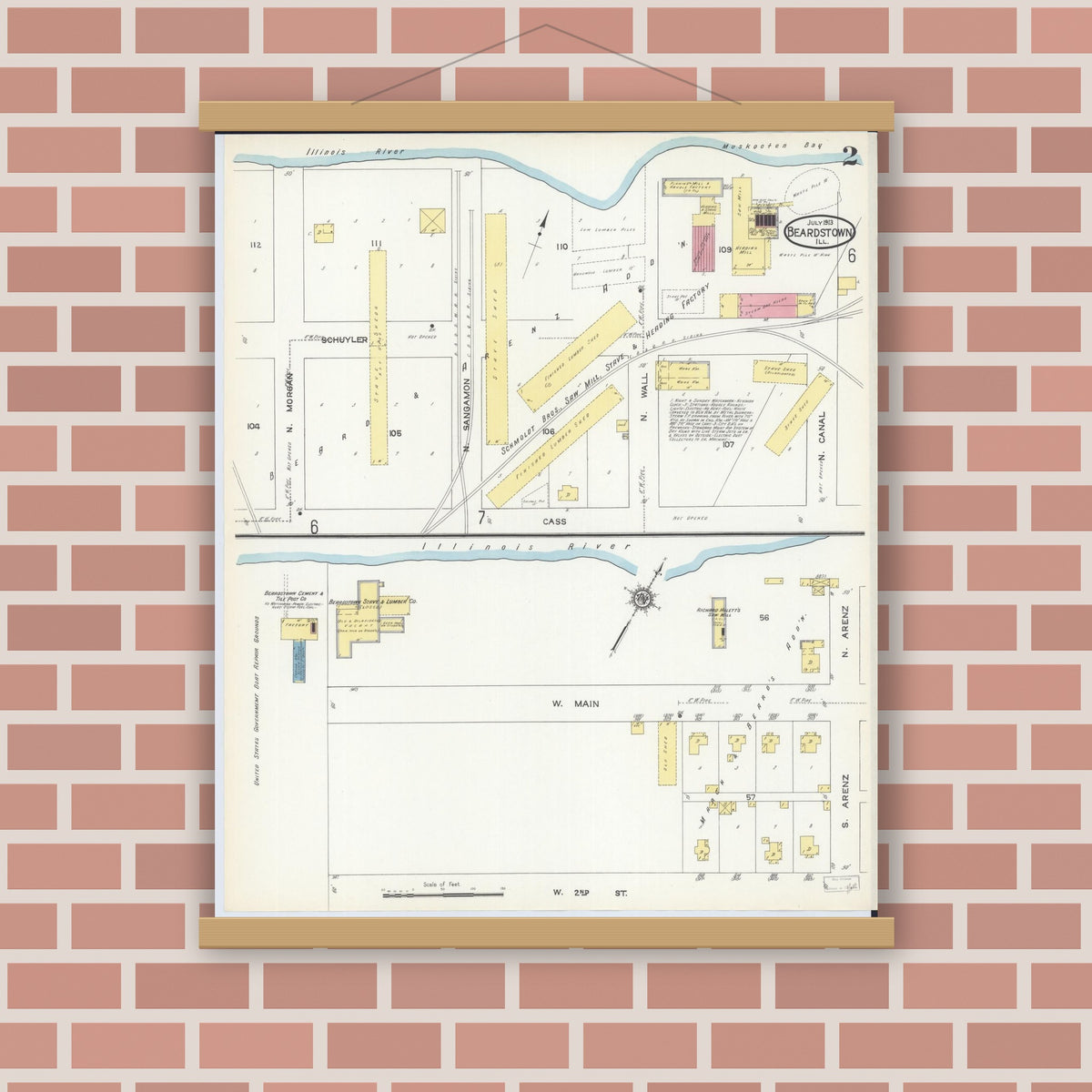 Old map wall art mockup — magnetic wood frame on brick wall — Sanborn Fire Insurance Map from Beardstown, Cass County, Illinois (1913), Sheet #0002