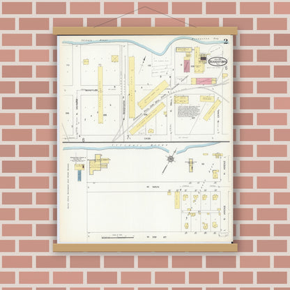 Old map wall art mockup — magnetic wood frame on brick wall — Sanborn Fire Insurance Map from Beardstown, Cass County, Illinois (1913), Sheet #0002