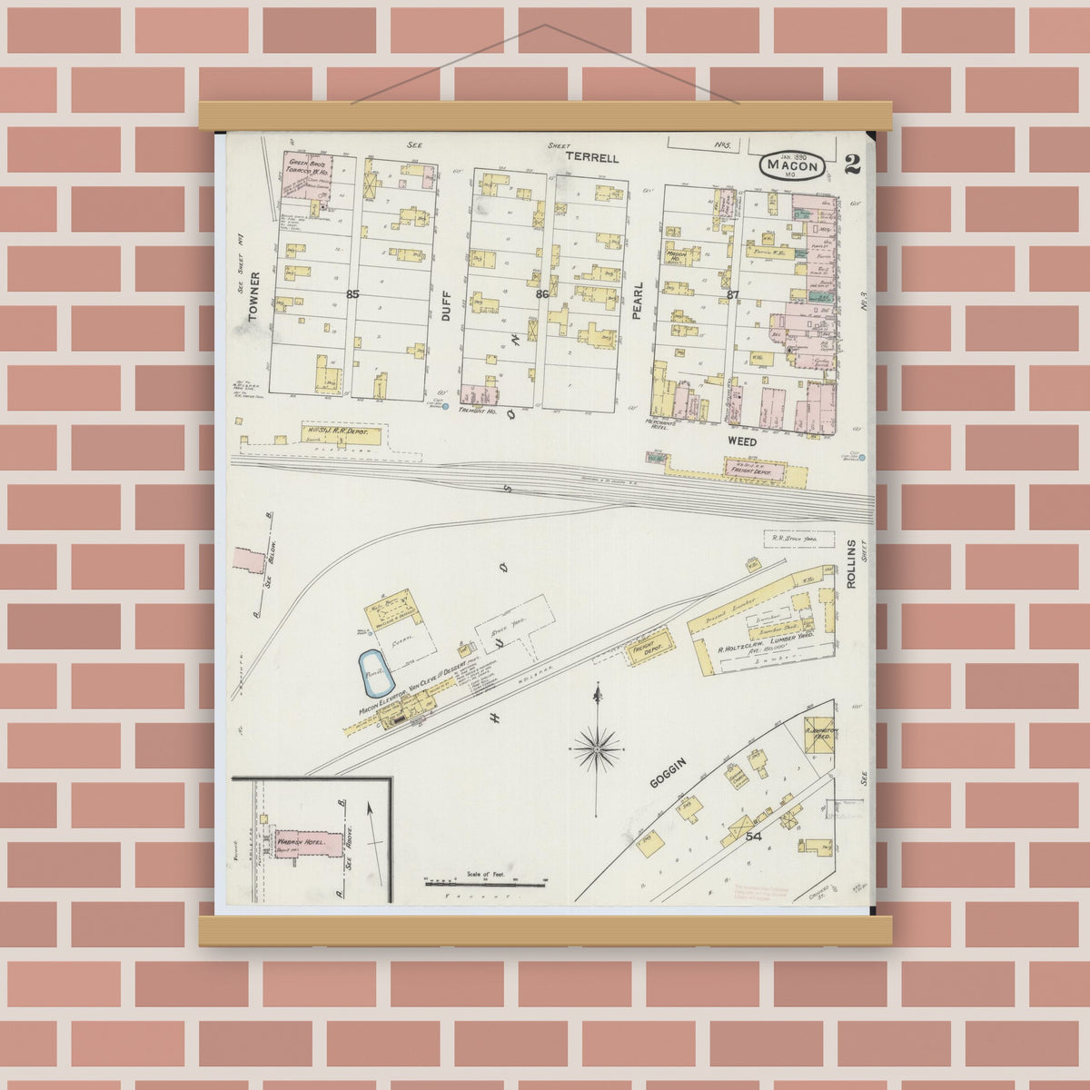Old map wall art mockup — magnetic wood frame on brick wall — Sanborn Fire Insurance Map from Macon, Macon County, Missouri (1890), Sheet #0002