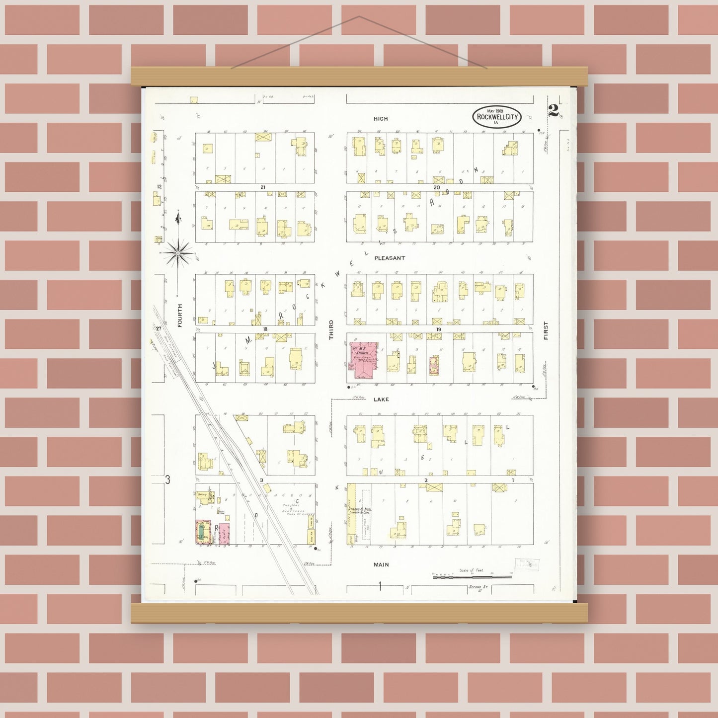Old map wall art mockup — magnetic wood frame on brick wall — Sanborn Fire Insurance Map from Rockwell City, Calhoun County, Iowa (1909), Sheet #0002