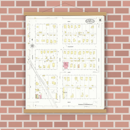 Old map wall art mockup — magnetic wood frame on brick wall — Sanborn Fire Insurance Map from Rockwell City, Calhoun County, Iowa (1909), Sheet #0002