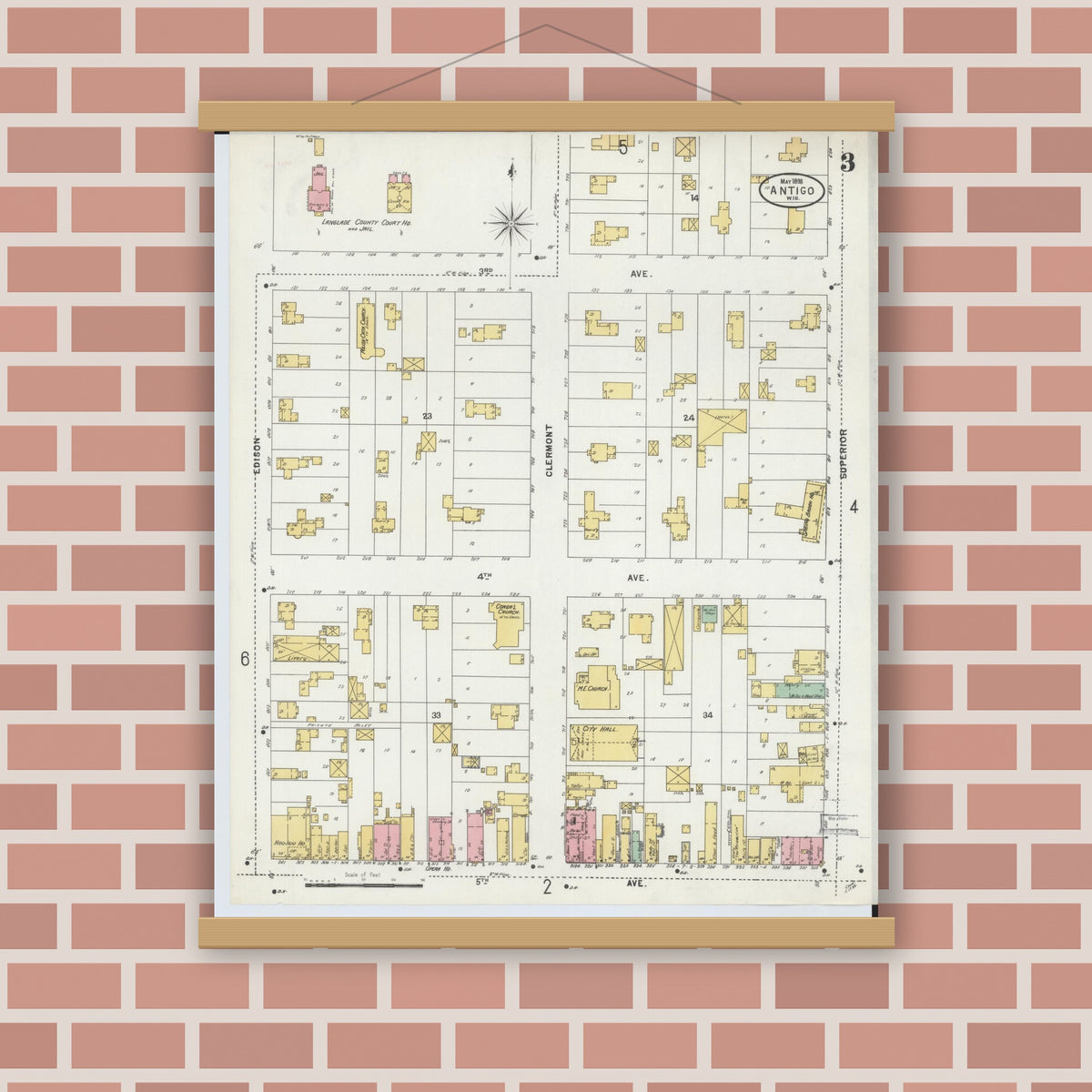 Old map wall art mockup — magnetic wood frame on brick wall — Sanborn Fire Insurance Map from Antigo, Langlade County, Wisconsin (1898), Sheet #0003