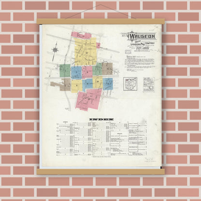 Old map wall art mockup — magnetic wood frame on brick wall — Sanborn Fire Insurance Map from Wauseon, Fulton County, Ohio (1916), Sheet #0001