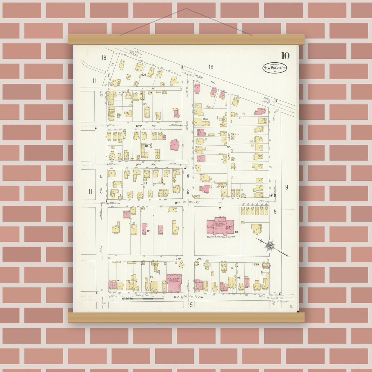 Old map wall art mockup — magnetic wood frame on brick wall — Sanborn Fire Insurance Map from New Brighton, Beaver County, Pennsylvania (1913), Sheet #0010
