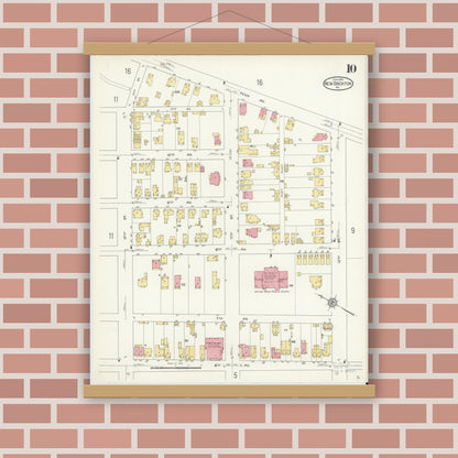 Old map wall art mockup — magnetic wood frame on brick wall — Sanborn Fire Insurance Map from New Brighton, Beaver County, Pennsylvania (1913), Sheet #0010
