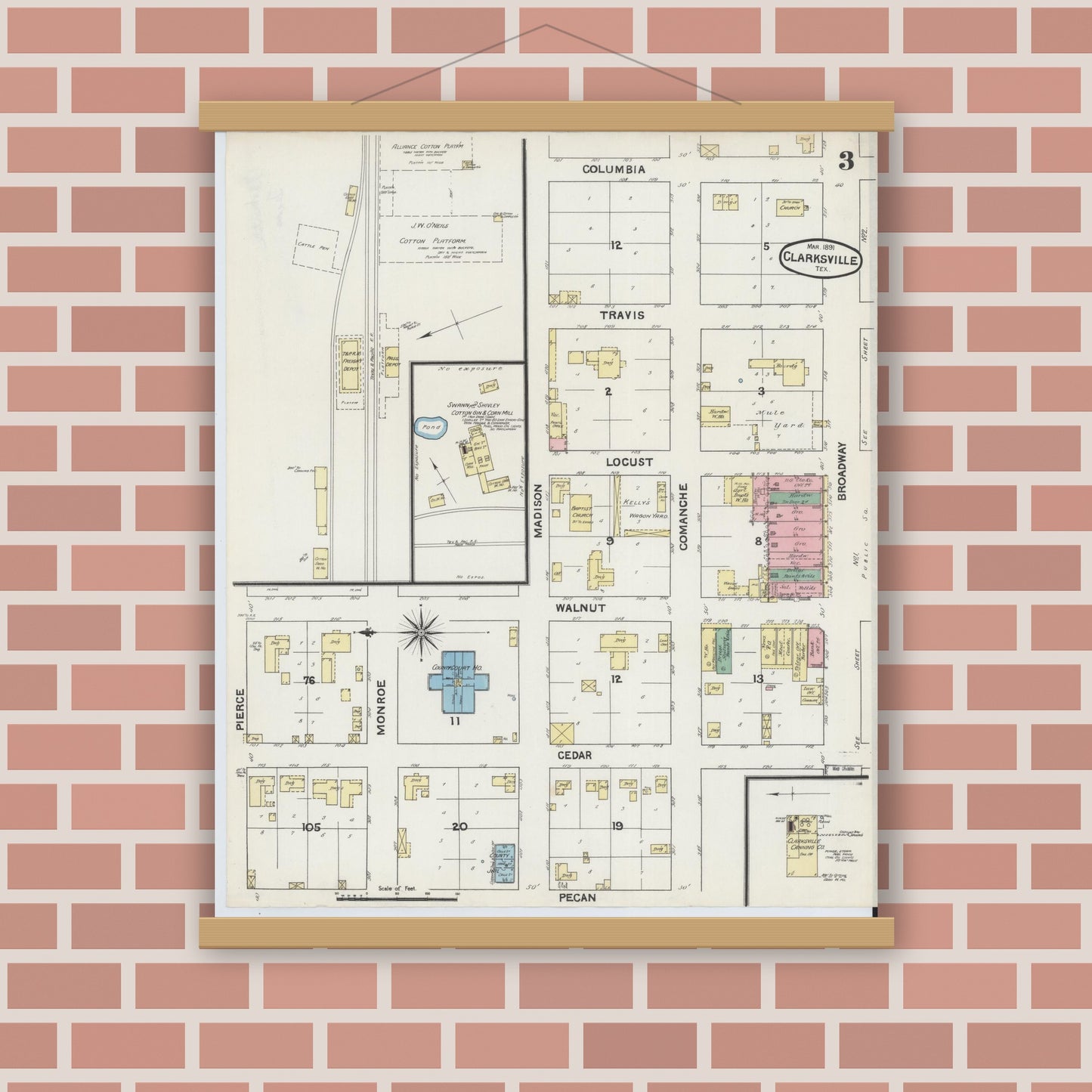 Old map wall art mockup — magnetic wood frame on brick wall — Sanborn Fire Insurance Map from Clarksville, Red River County, Texas (1891), Sheet #0003