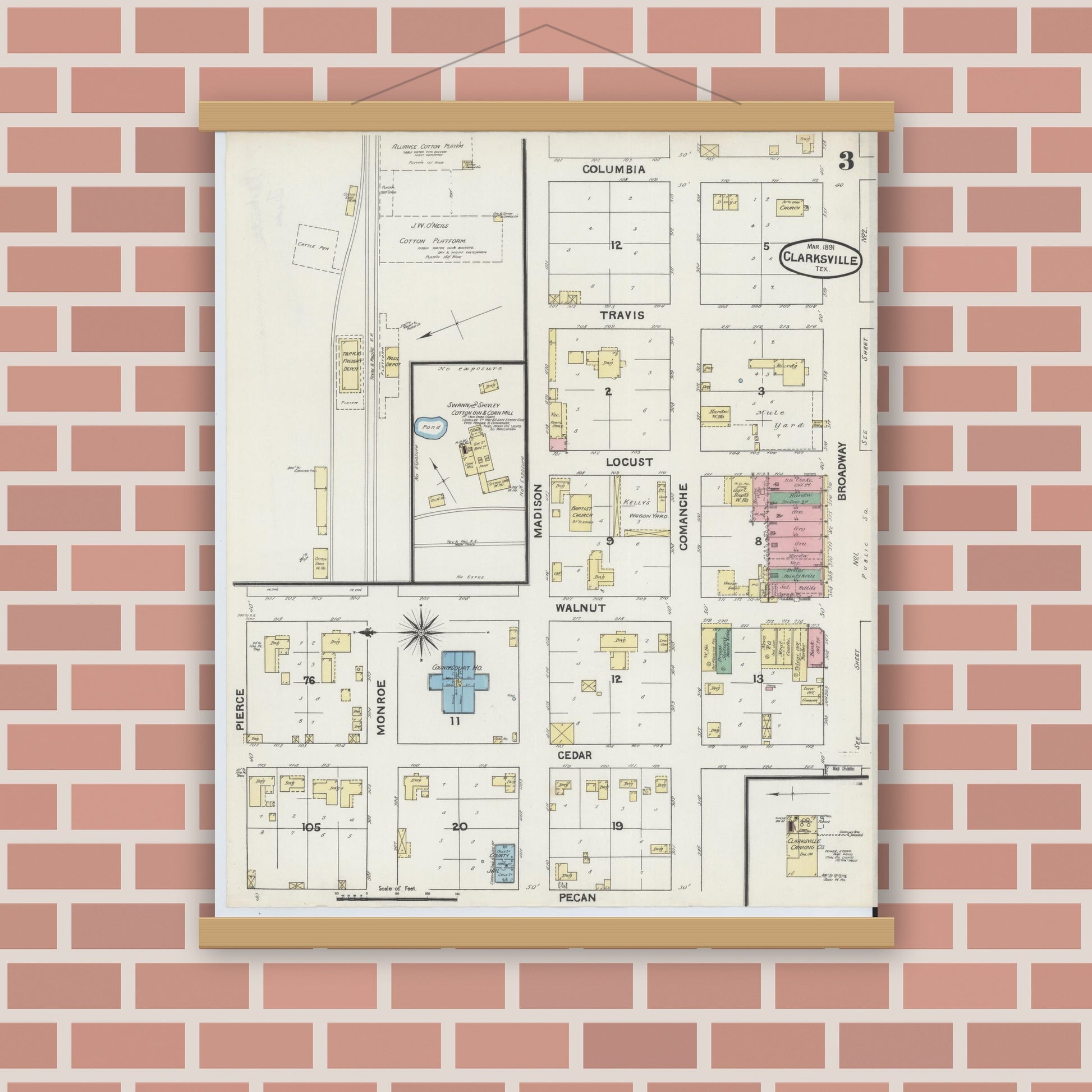 Old map wall art mockup — magnetic wood frame on brick wall — Sanborn Fire Insurance Map from Clarksville, Red River County, Texas (1891), Sheet #0003