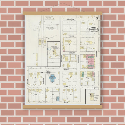 Old map wall art mockup — magnetic wood frame on brick wall — Sanborn Fire Insurance Map from Clarksville, Red River County, Texas (1891), Sheet #0003