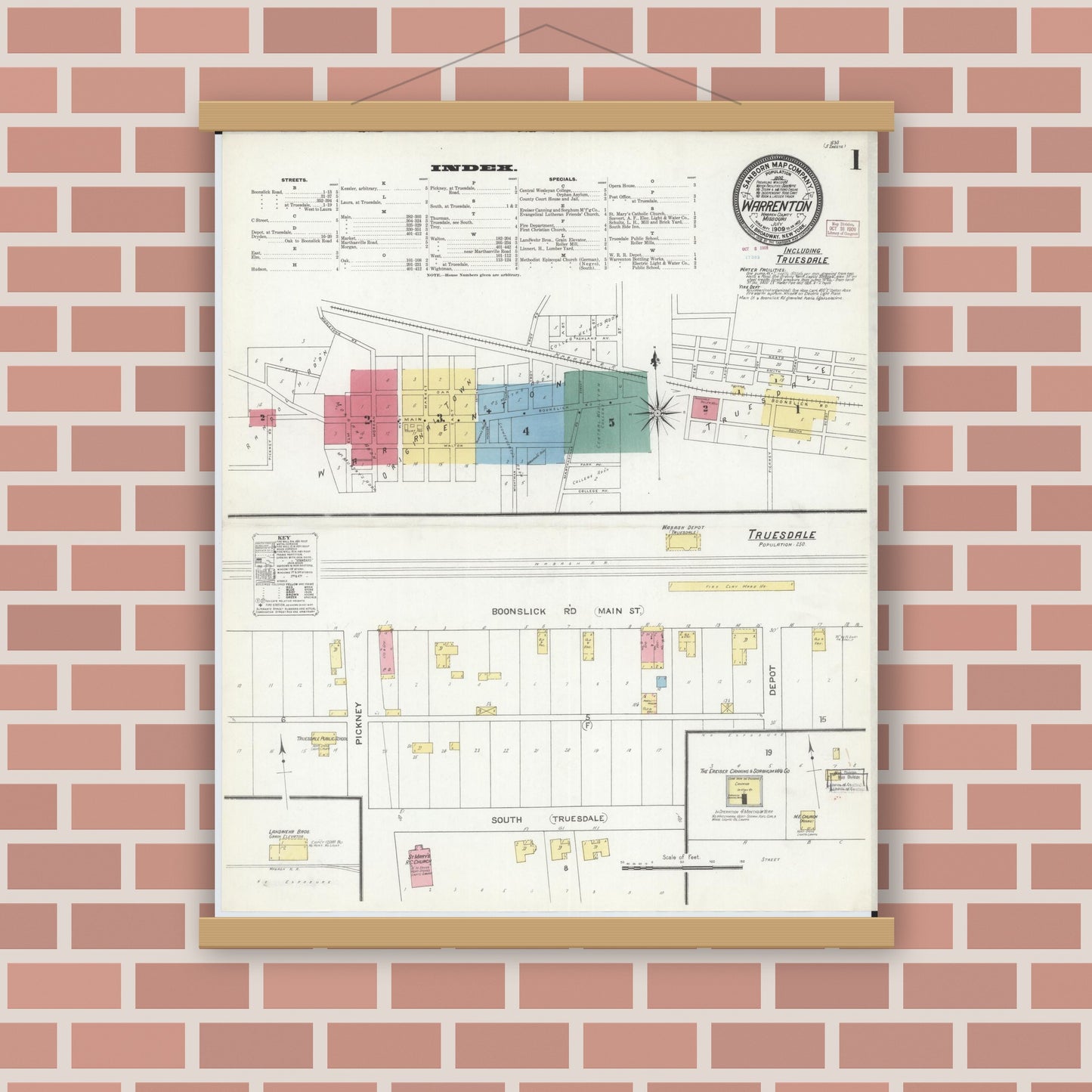 Old map wall art mockup — magnetic wood frame on brick wall — Sanborn Fire Insurance Map from Warrenton, Warren County, Missouri (1909) - Complete Map Set