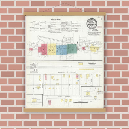 Old map wall art mockup — magnetic wood frame on brick wall — Sanborn Fire Insurance Map from Warrenton, Warren County, Missouri (1909) - Complete Map Set