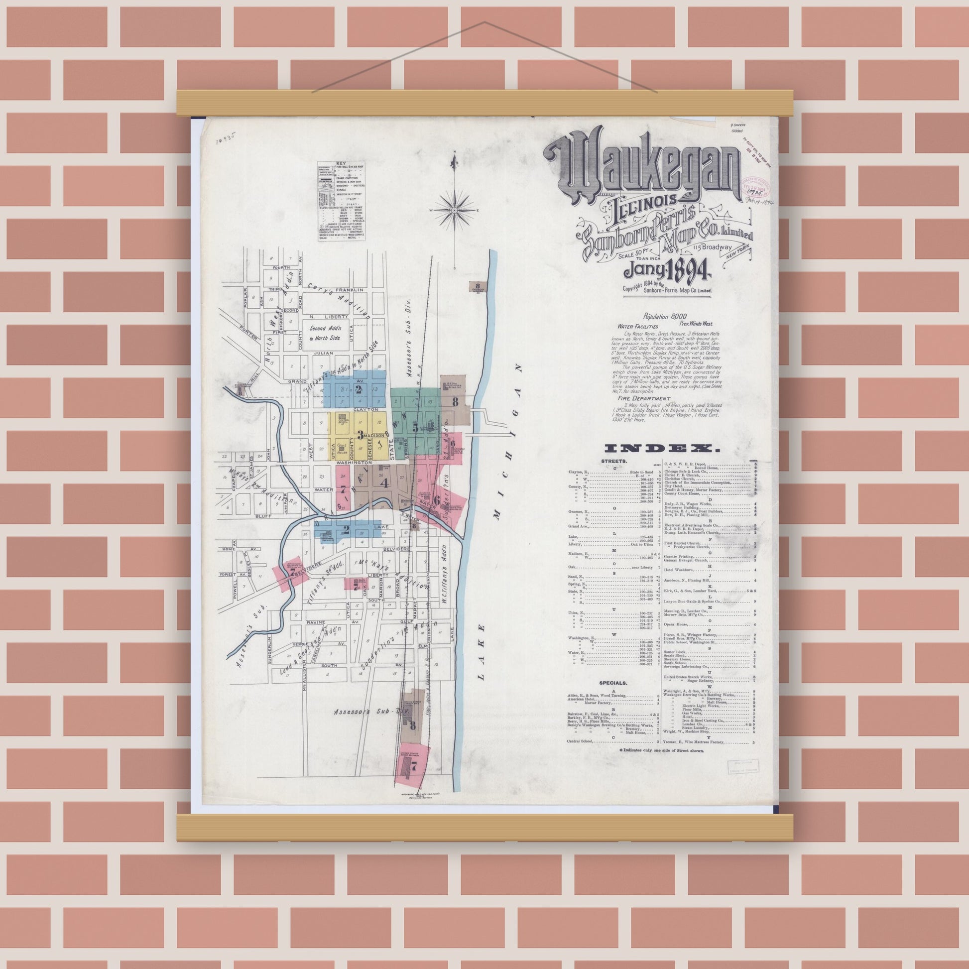 Old map wall art mockup — magnetic wood frame on brick wall — Sanborn Fire Insurance Map from Waukegan, Lake County, Illinois (1894) - Complete Map Set