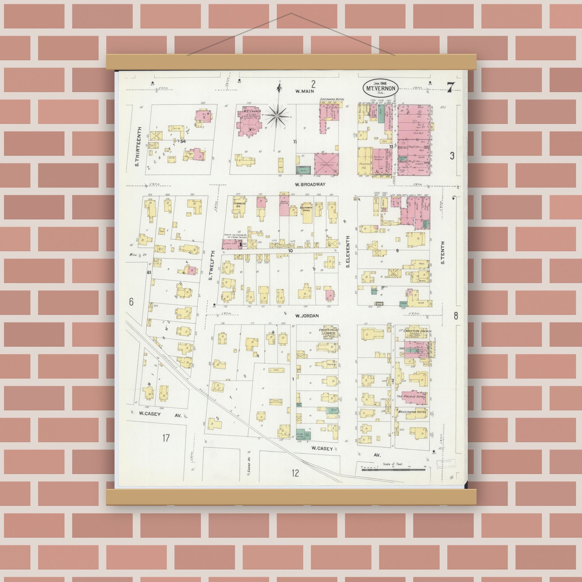 Old map wall art mockup — magnetic wood frame on brick wall — Sanborn Fire Insurance Map from Mount Vernon, Jefferson County, Illinois (1908), Sheet #0007