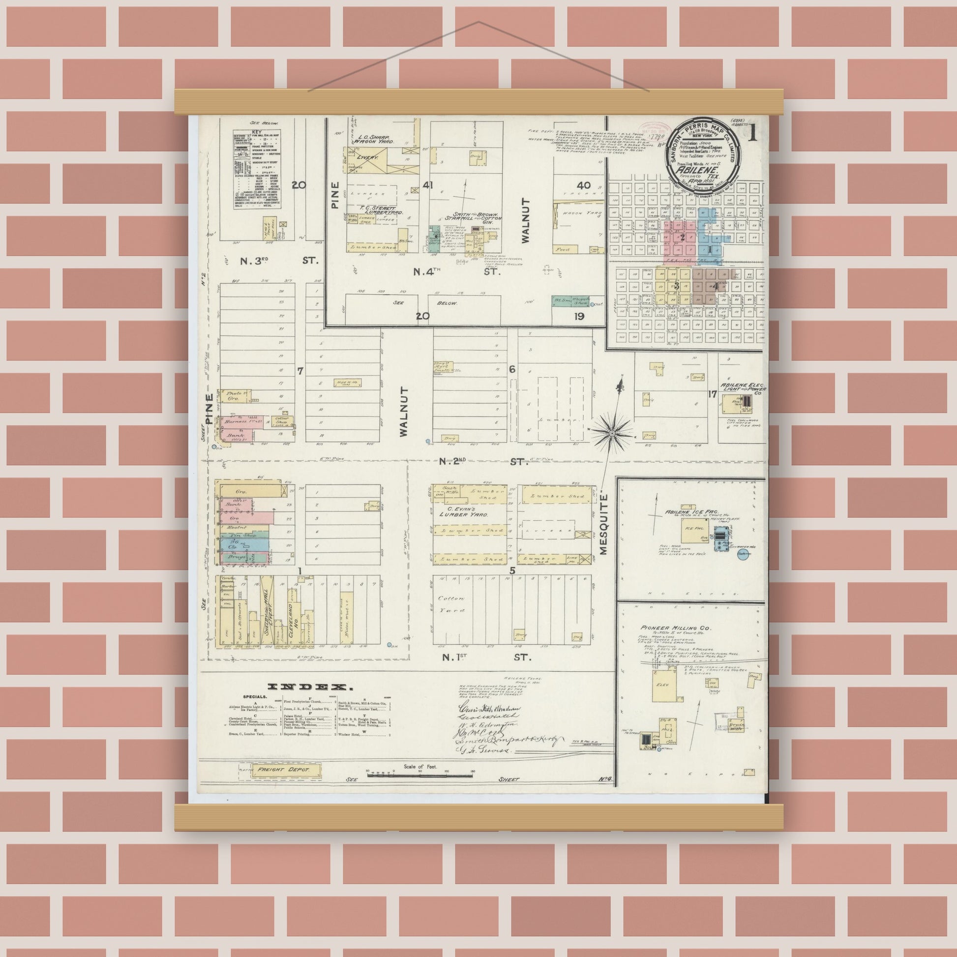 Old map wall art mockup — magnetic wood frame on brick wall — Sanborn Fire Insurance Map from Abilene, Taylor County, Texas (1891), Sheet #0001