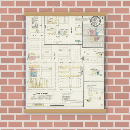Old map wall art mockup — magnetic wood frame on brick wall — Sanborn Fire Insurance Map from Abilene, Taylor County, Texas (1891), Sheet #0001