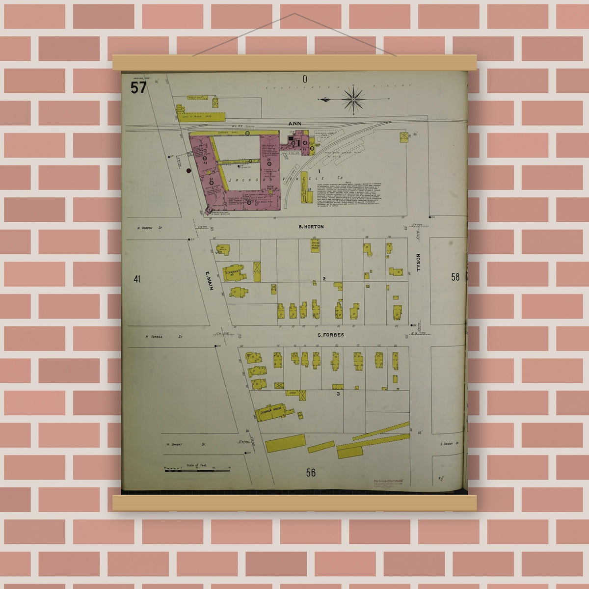 Old map wall art mockup — magnetic wood frame on brick wall — Sanborn Fire Insurance Map from Jackson, Jackson County, Michigan (1907), Sheet #0057