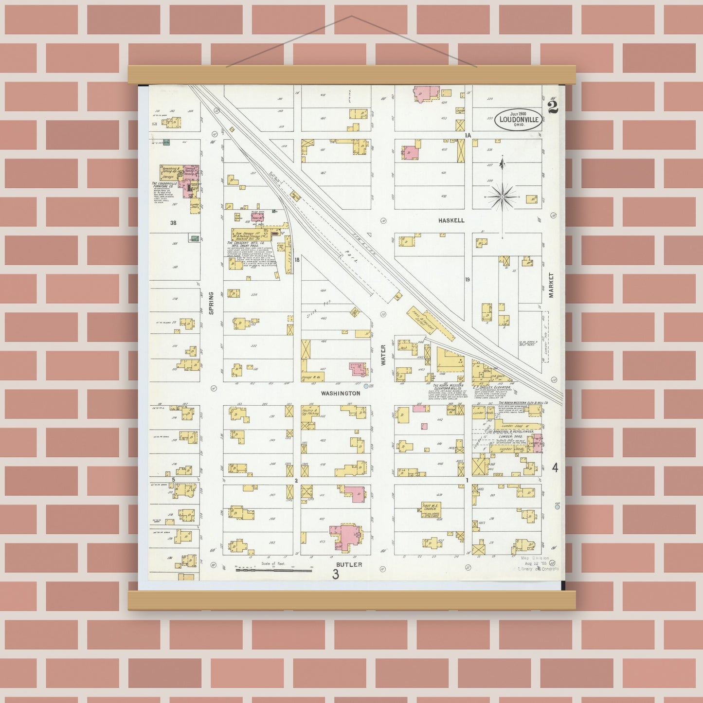 Old map wall art mockup — magnetic wood frame on brick wall — Sanborn Fire Insurance Map from Loudonville, Ashland County, Ohio (1900), Sheet #0002