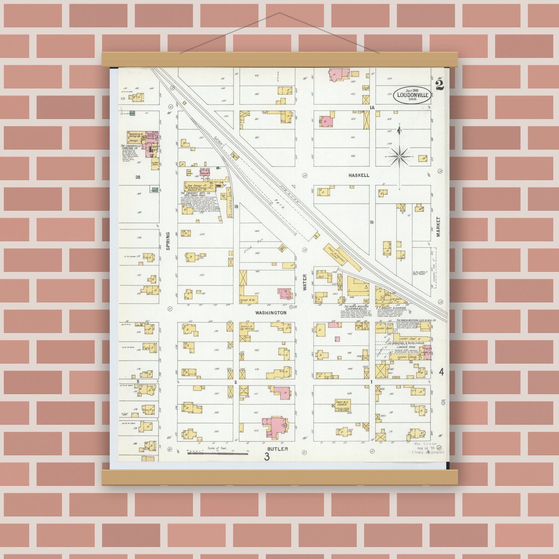 Old map wall art mockup — magnetic wood frame on brick wall — Sanborn Fire Insurance Map from Loudonville, Ashland County, Ohio (1900), Sheet #0002