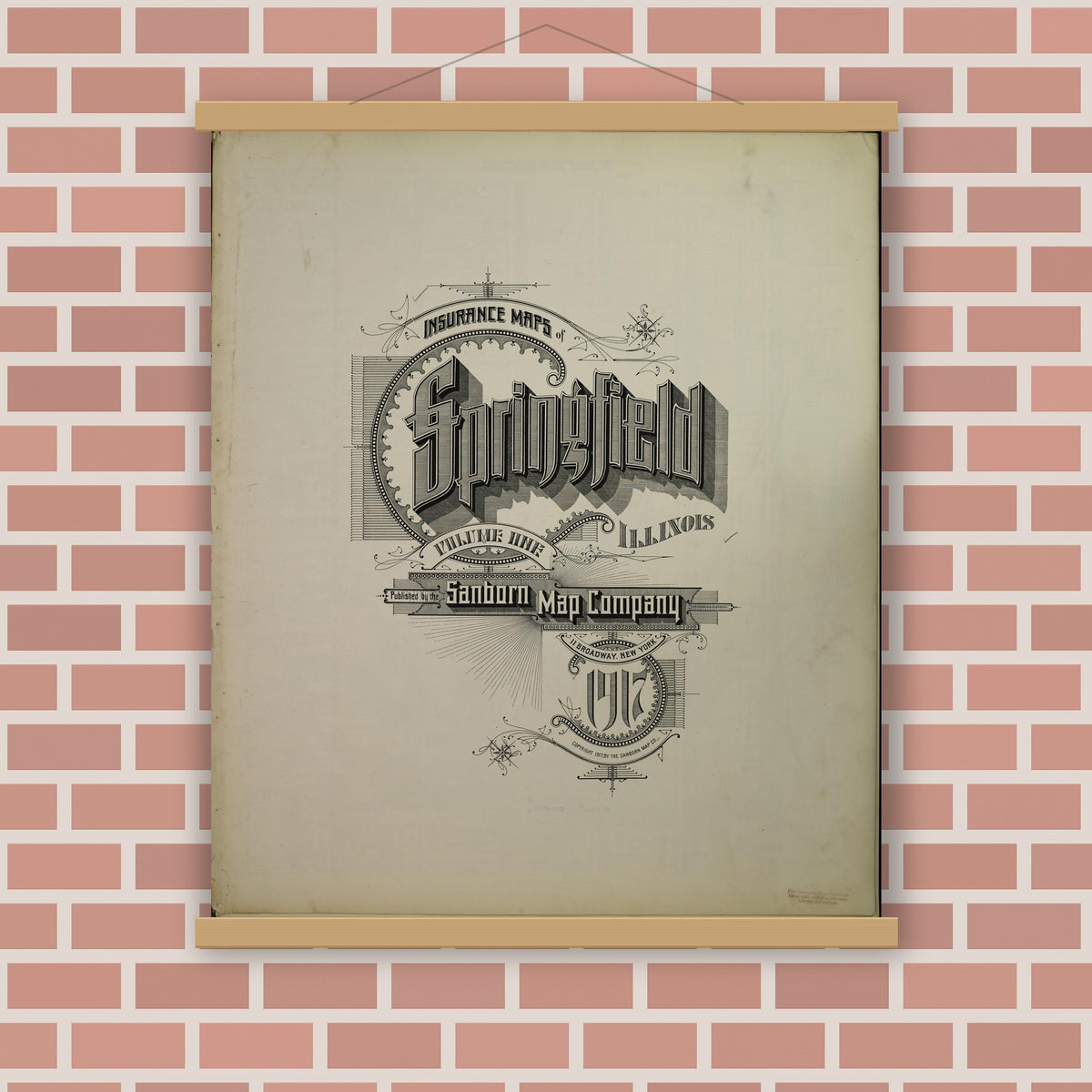Old map wall art mockup — magnetic wood frame on brick wall — Sanborn Fire Insurance Map from Springfield, Sangamon County, Illinois (1917), Sheet #0001