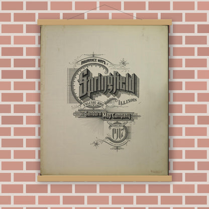 Old map wall art mockup — magnetic wood frame on brick wall — Sanborn Fire Insurance Map from Springfield, Sangamon County, Illinois (1917), Sheet #0001