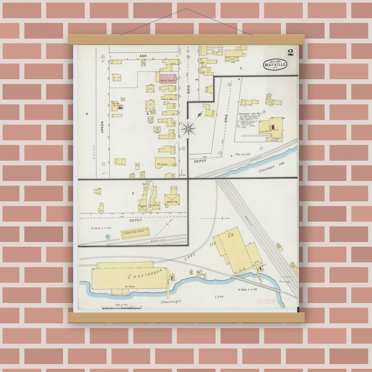 Old map wall art mockup — magnetic wood frame on brick wall — Sanborn Fire Insurance Map from Mayville, Chautauqua County, New York (1895), Sheet #0002
