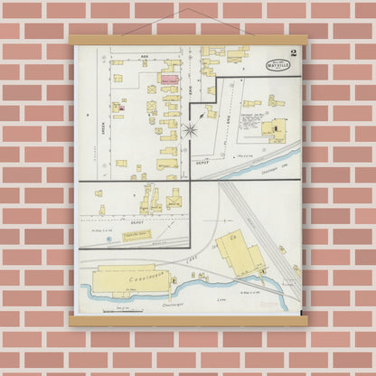 Old map wall art mockup — magnetic wood frame on brick wall — Sanborn Fire Insurance Map from Mayville, Chautauqua County, New York (1895), Sheet #0002