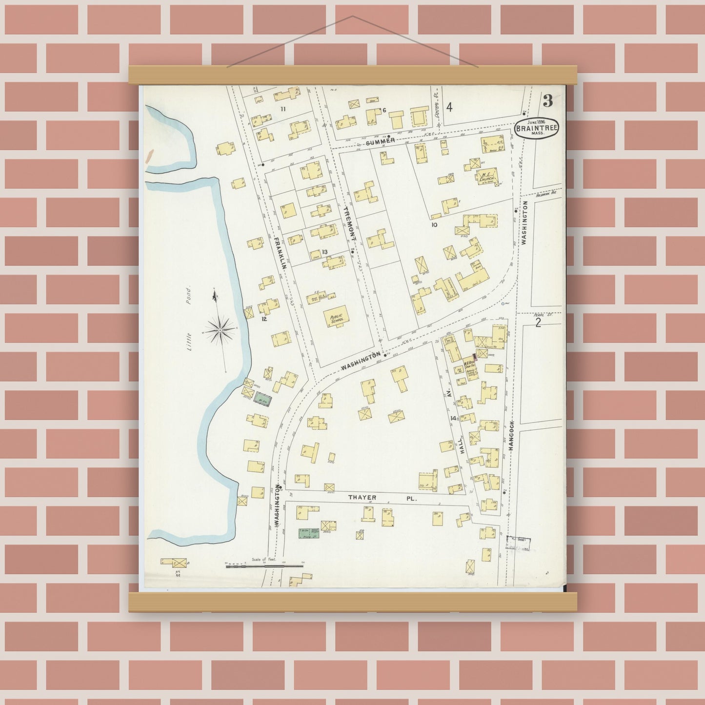 Old map wall art mockup — magnetic wood frame on brick wall — Sanborn Fire Insurance Map from Braintree, Norfolk County, Massachusetts (1896), Sheet #0003